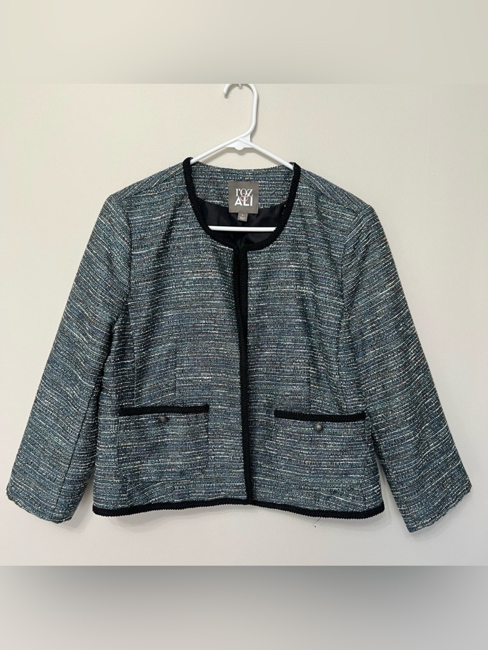 Roz & Ali Teal Tweed Collarless Jacket Blazer Black Trim Size Large